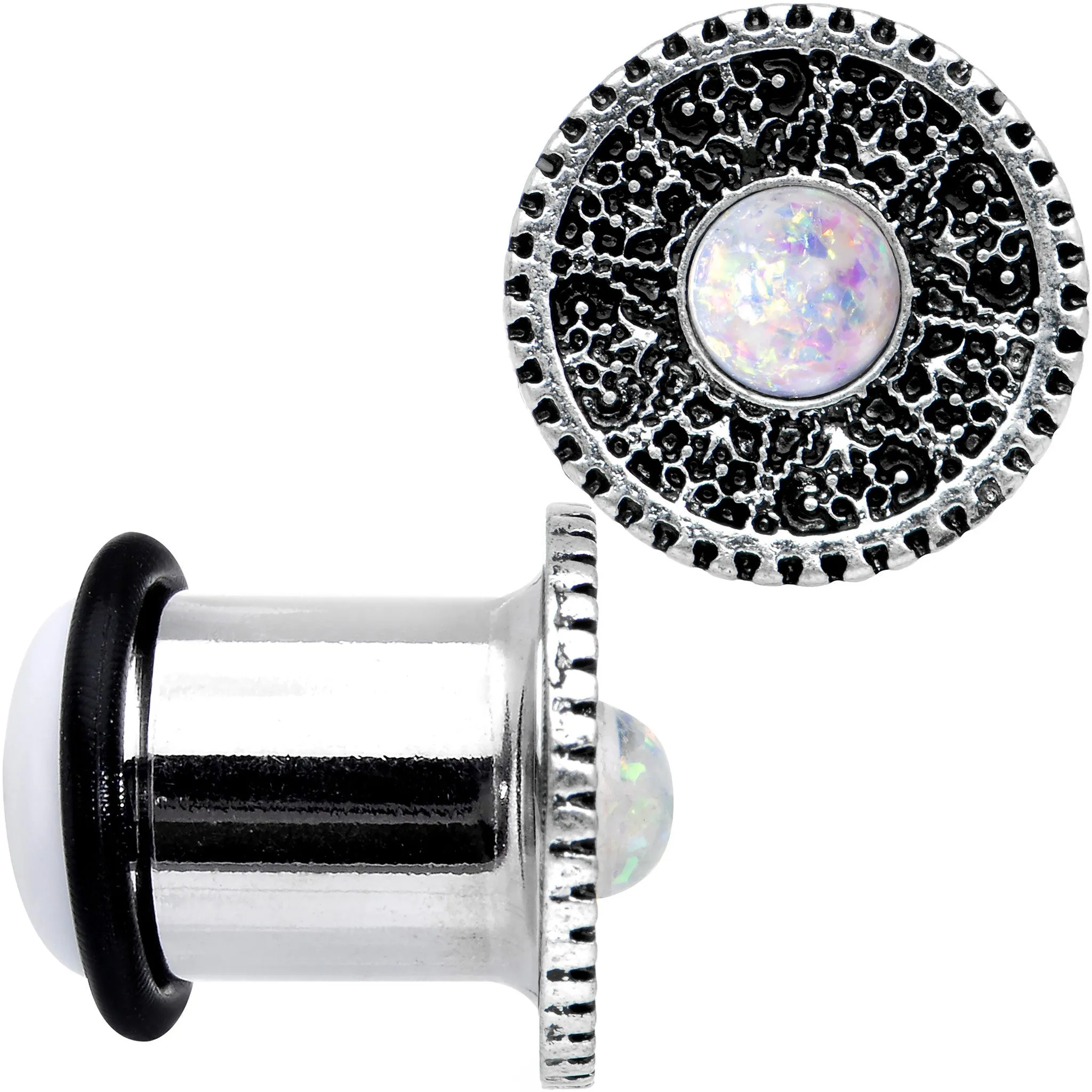 00 Gauge Stainless Steel Sky Wheel White Synthetic Opal Plug Set