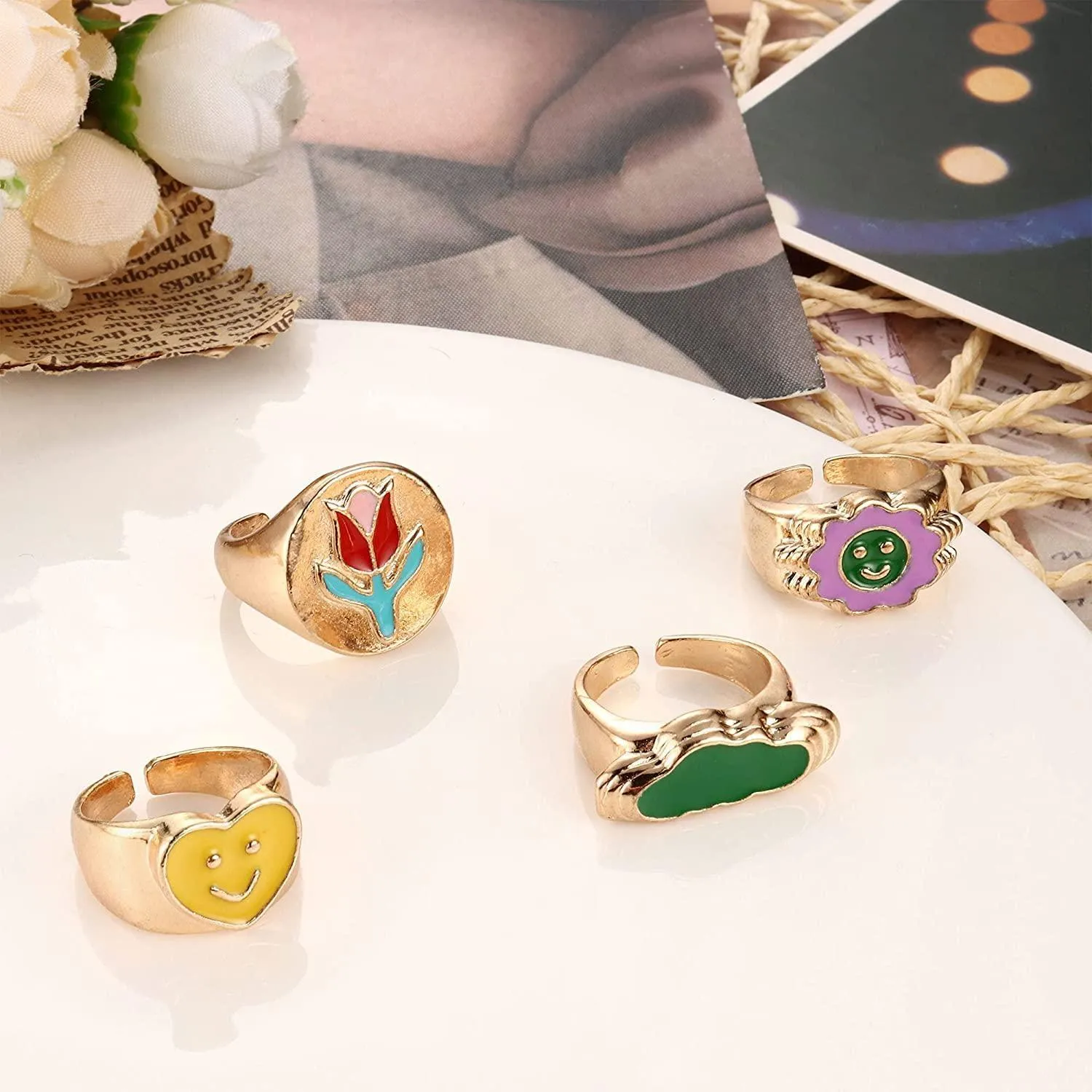 10PCS Y2K Colorful Chunky Rings for Women Heart Yin Yang Daisy Cute Signet Open Stacking Rings Cloud Flower Trendy Y2K Gold Statement Band Ring Set Size 7