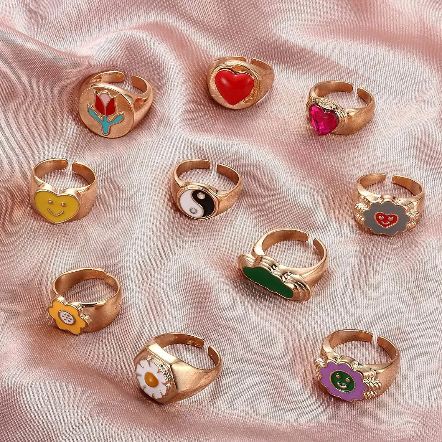 10PCS Y2K Colorful Chunky Rings for Women Heart Yin Yang Daisy Cute Signet Open Stacking Rings Cloud Flower Trendy Y2K Gold Statement Band Ring Set Size 7