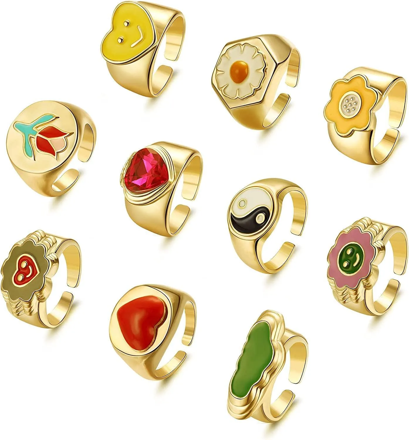 10PCS Y2K Colorful Chunky Rings for Women Heart Yin Yang Daisy Cute Signet Open Stacking Rings Cloud Flower Trendy Y2K Gold Statement Band Ring Set Size 7