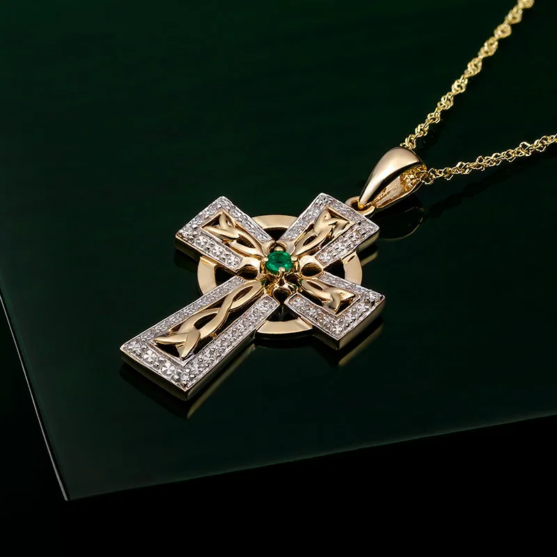 14K Gold Diamond & Emerald Cross Necklace