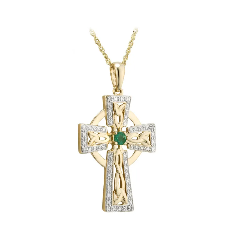 14K Gold Diamond & Emerald Cross Necklace