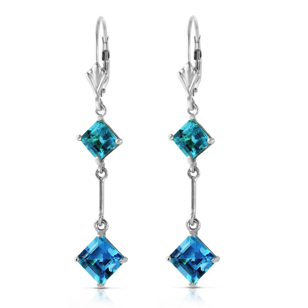 14K Solid White Gold Leverback Earrings w/ Blue Topaz