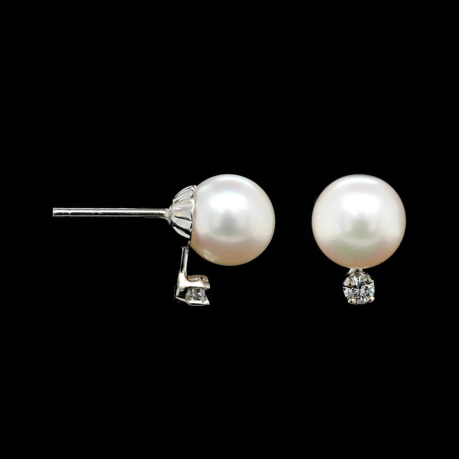 14K White Gold Estate Cultured Pearl and Diamond Stud Earrings