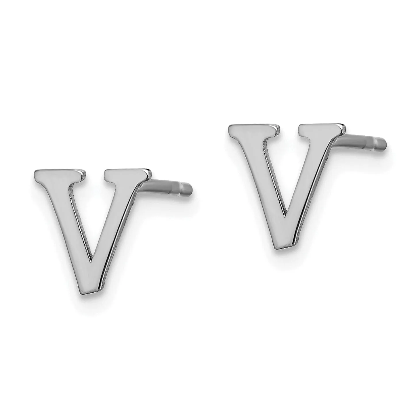 14K White Gold Rhodium Polished Finish Letter V Initial Post Earrings