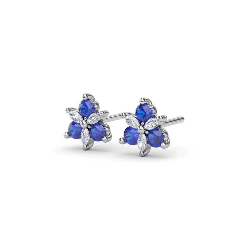 14K WHITE GOLD SAPPHIRE DIAMOND CLUSTER STUD EARRINGS