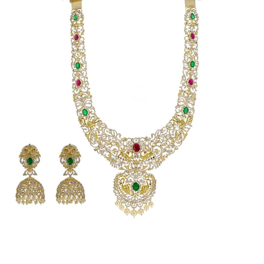 18K Yellow Gold Diamond Necklace & Earrings Set W/ 24.19ct VVS Diamonds, Rubies, Emeralds & Pearls