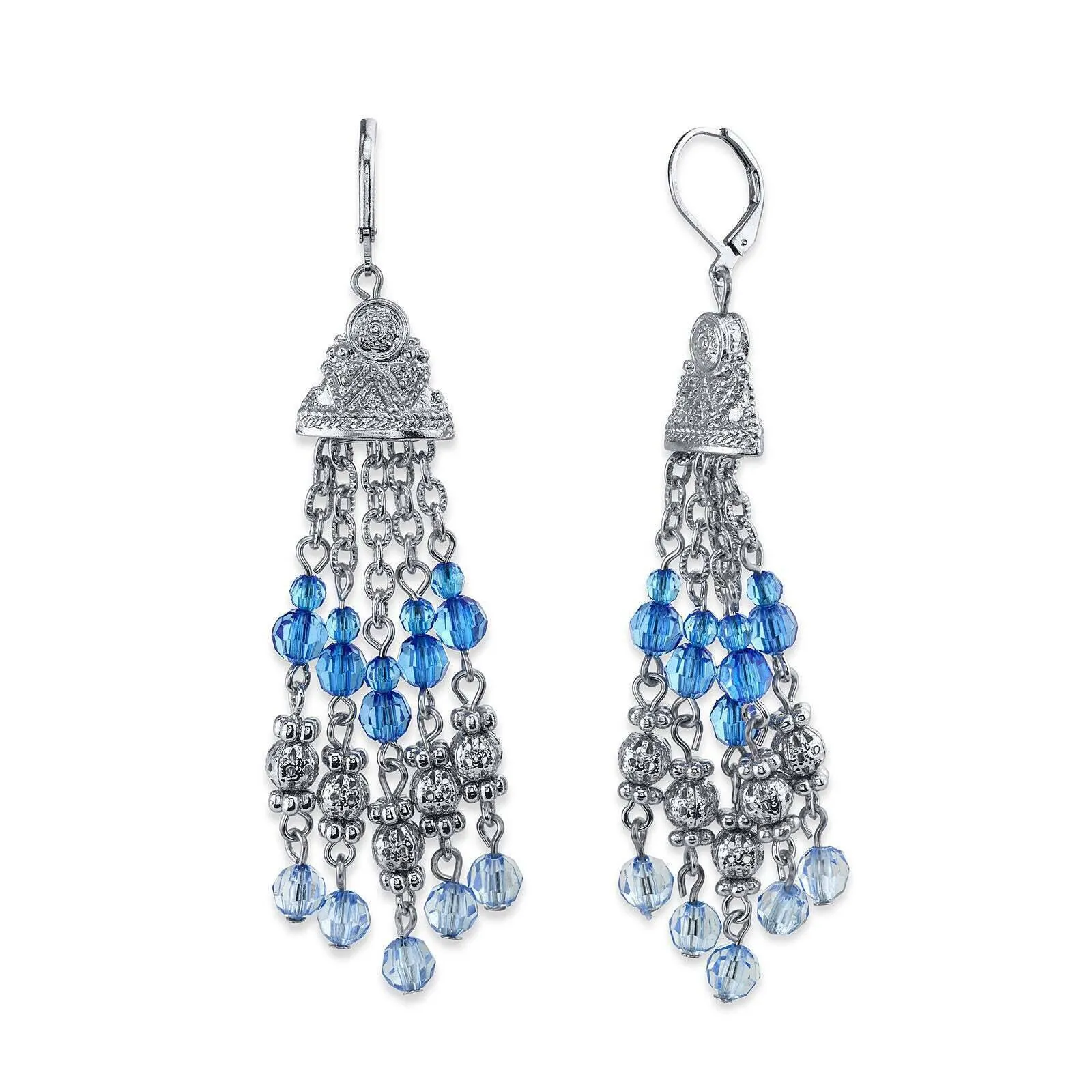 2028 Jewelry Sapphire Blue Crystal Round Puff Filigree Beaded Tassel Drop Earrings