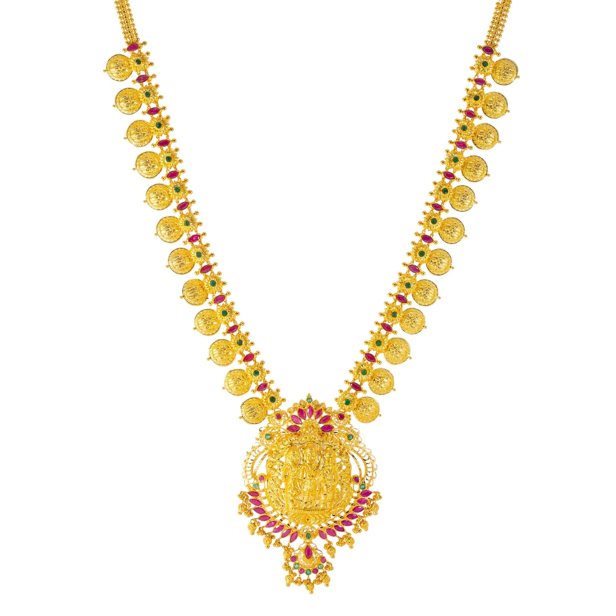 22k Yellow Gold, Emerald & Ruby Temple Necklace Set  (94.6gm)