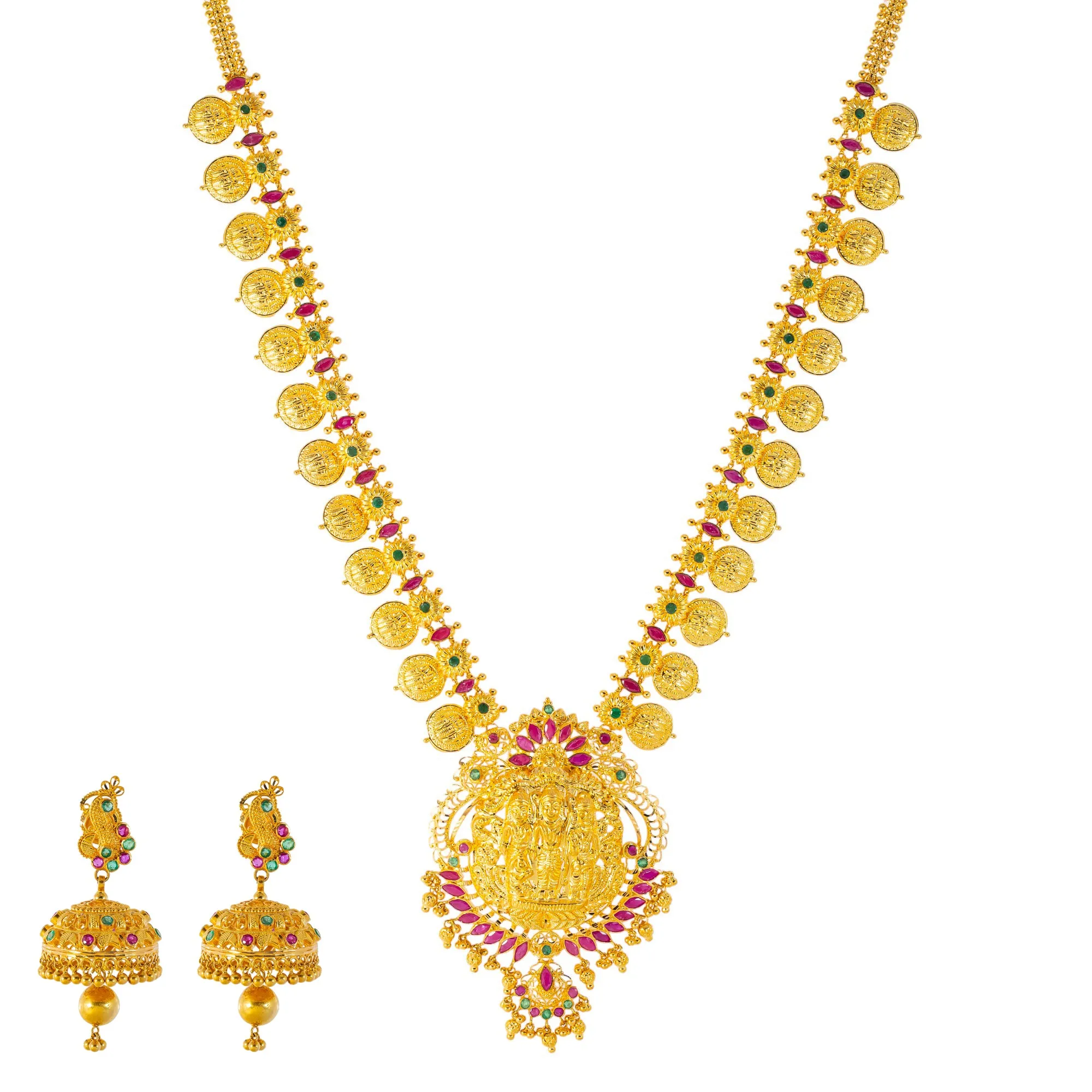 22k Yellow Gold, Emerald & Ruby Temple Necklace Set  (94.6gm)