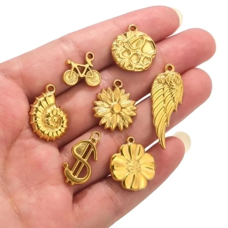 5 Pcs/package Simple Style Wings Flower Shell Stainless Steel Plating Pendant Jewelry Accessories