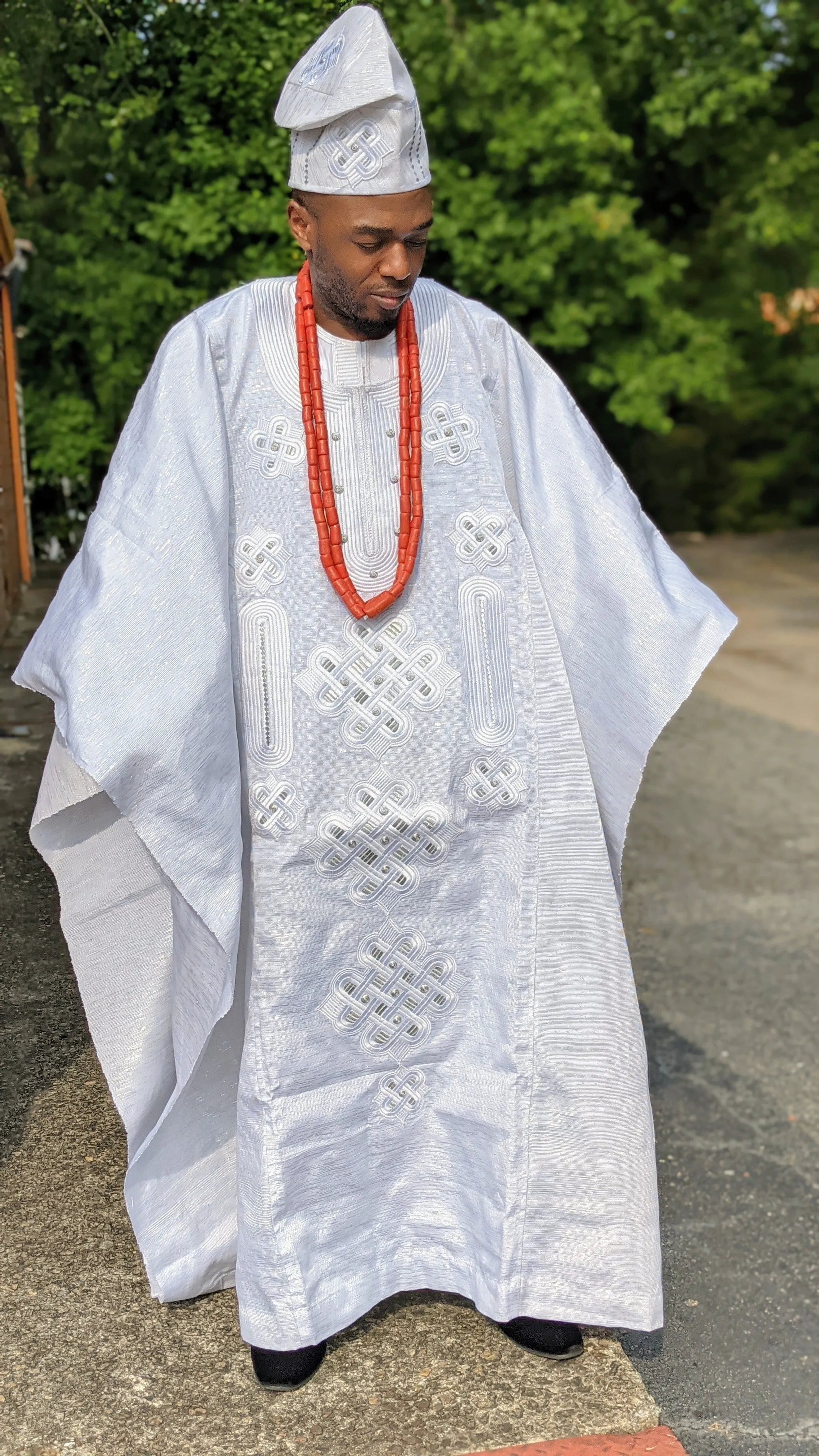 All White Oba Aso Oke Agbada Grand Boubou Robe