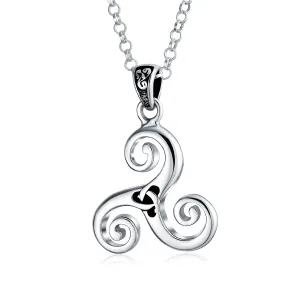 Ancient Celtic Spiral Trinity Knot Pendant Necklace in Oxidized Silver for Teens