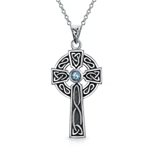 Ancient Irish Love Knot Blue Topaz Garnet CZ Trinity Cross Pendant Necklace Silver