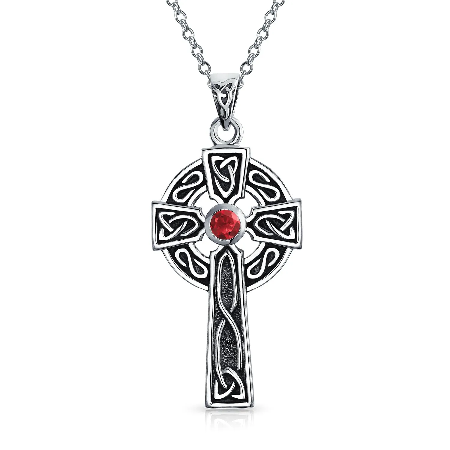 Ancient Irish Love Knot Blue Topaz Garnet CZ Trinity Cross Pendant Necklace Silver