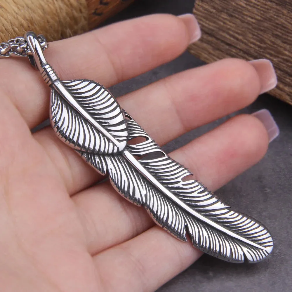 Antique Silver Color Big Feather Charms Viking Necklace