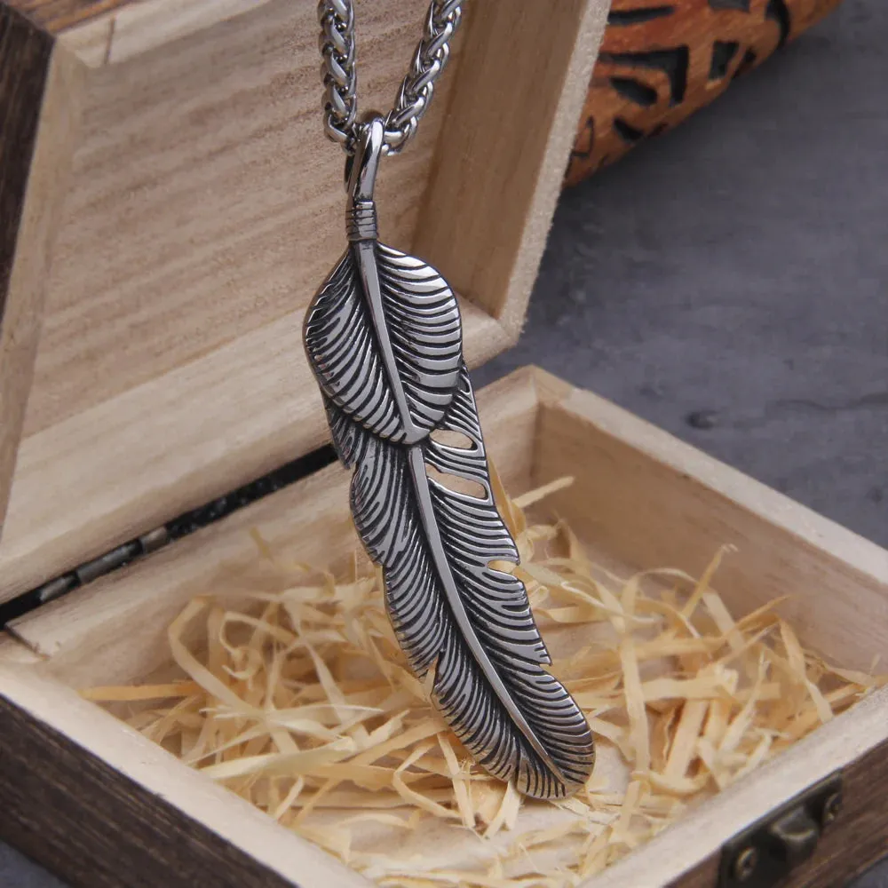 Antique Silver Color Big Feather Charms Viking Necklace