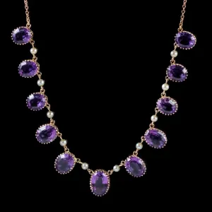 Antique Victorian Amethyst Pearl Garland Necklace 9Ct Gold Circa 1900