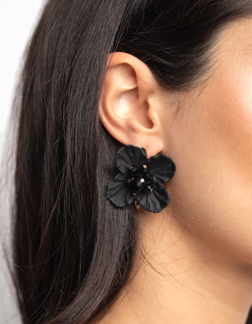 Black Pearlised Flower Stud Earrings