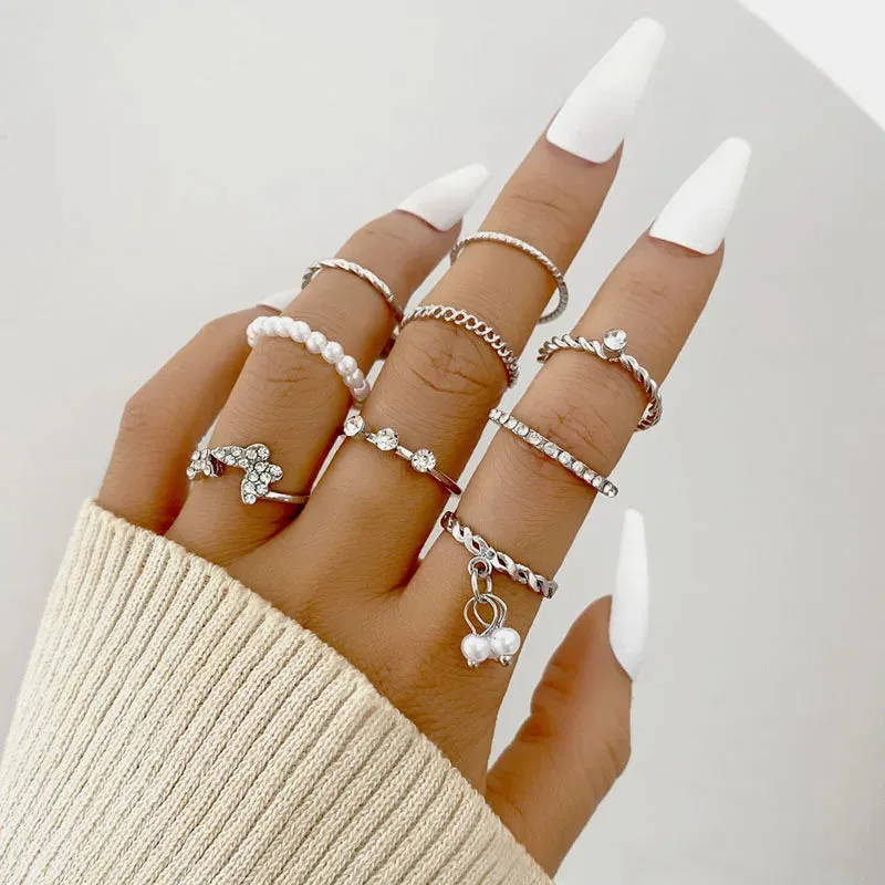 Bohemian Wave Flower Pearl Rings Set For Women Trendy Vintage Geometric Butterfly Metal Chain Knuckle Rings 2023 Jewelry Gift