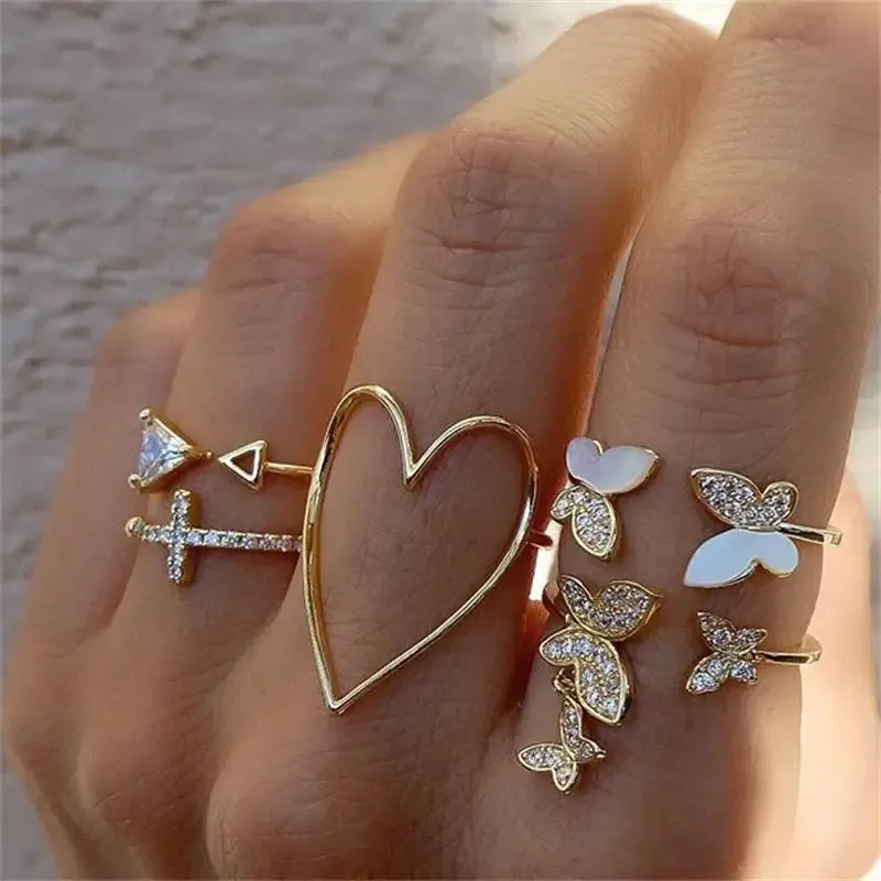 Bohemian Wave Flower Pearl Rings Set For Women Trendy Vintage Geometric Butterfly Metal Chain Knuckle Rings 2023 Jewelry Gift