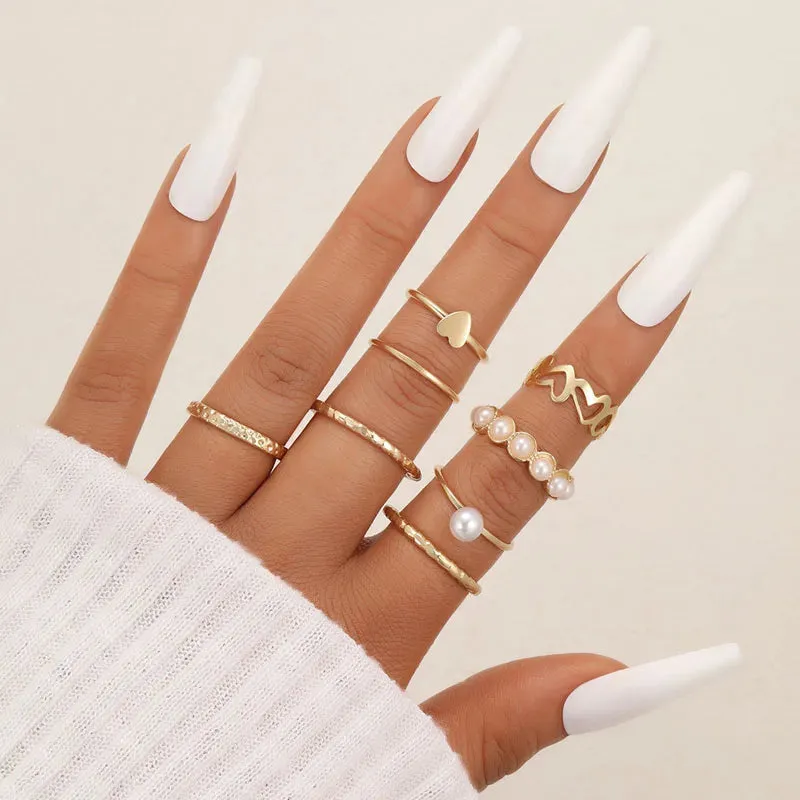 Bohemian Wave Flower Pearl Rings Set For Women Trendy Vintage Geometric Butterfly Metal Chain Knuckle Rings 2023 Jewelry Gift