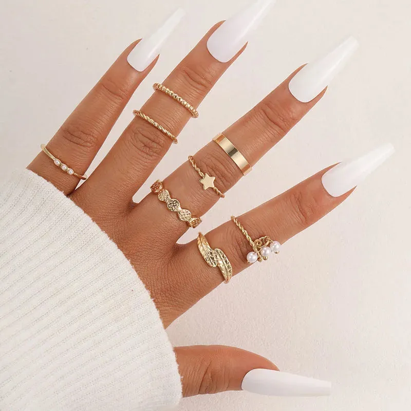 Bohemian Wave Flower Pearl Rings Set For Women Trendy Vintage Geometric Butterfly Metal Chain Knuckle Rings 2023 Jewelry Gift