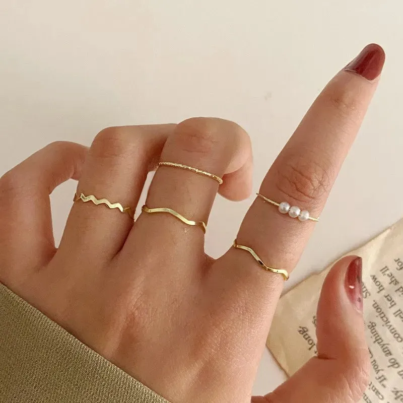 Bohemian Wave Flower Pearl Rings Set For Women Trendy Vintage Geometric Butterfly Metal Chain Knuckle Rings 2023 Jewelry Gift