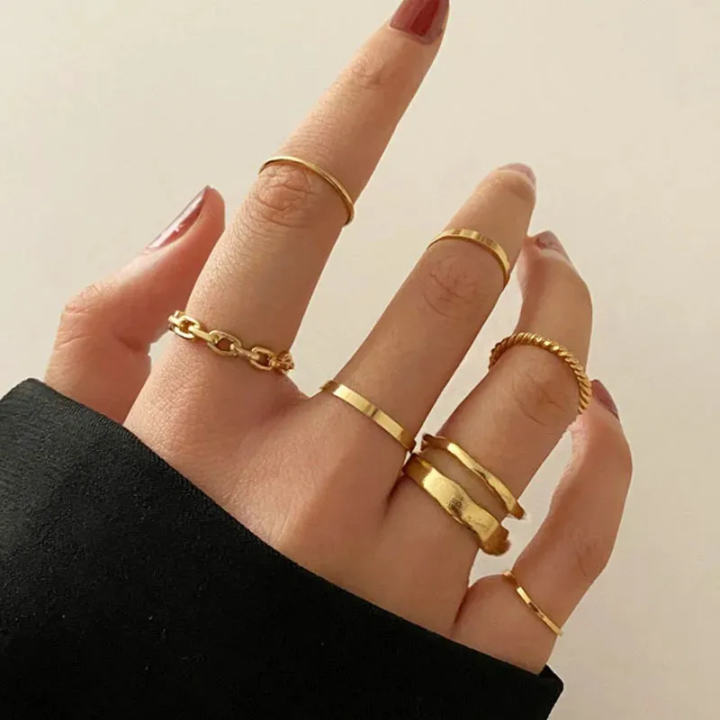 Bohemian Wave Flower Pearl Rings Set For Women Trendy Vintage Geometric Butterfly Metal Chain Knuckle Rings 2023 Jewelry Gift