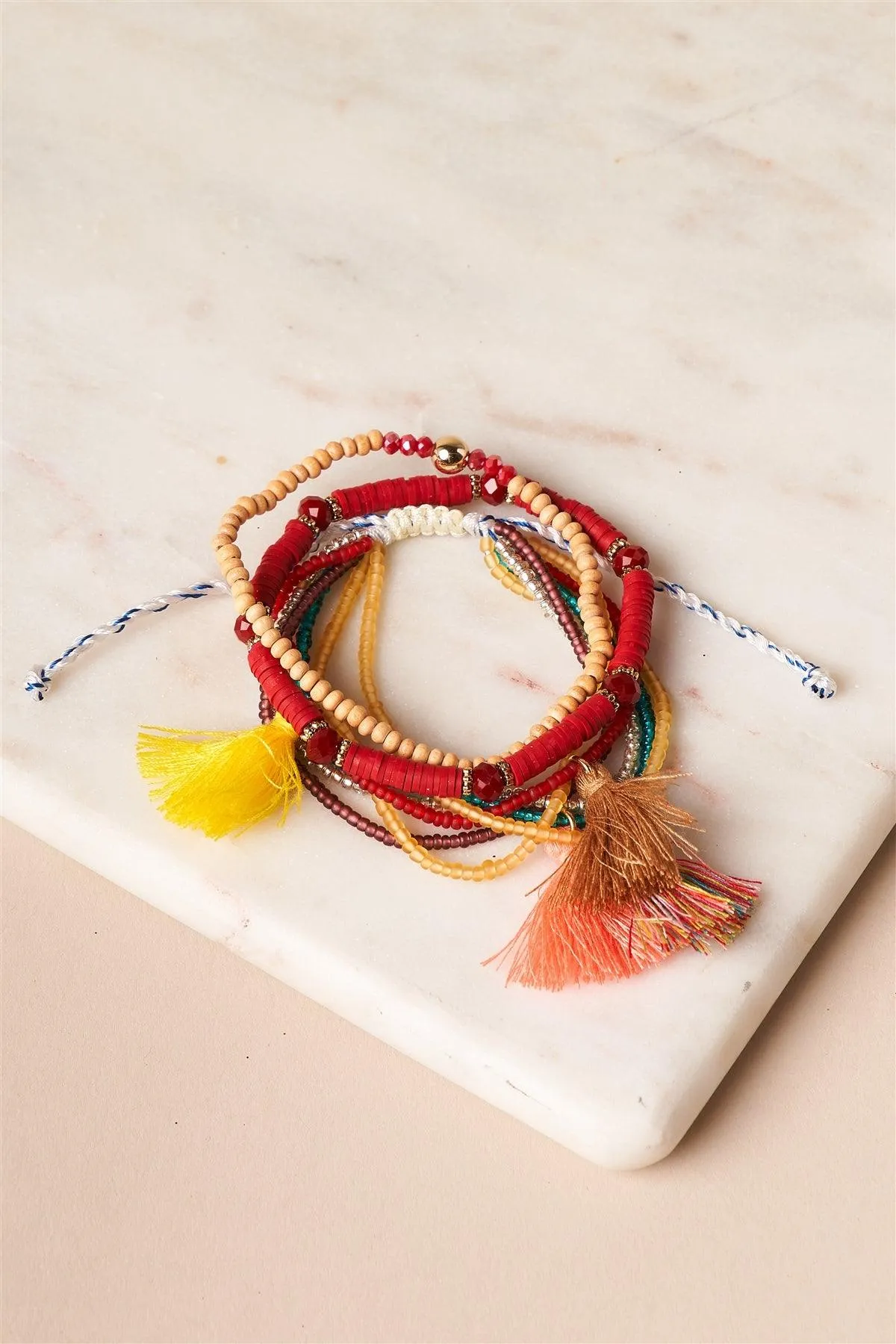 Burgundy And Multi-Colored Beaded Braceletes /6 Pieces