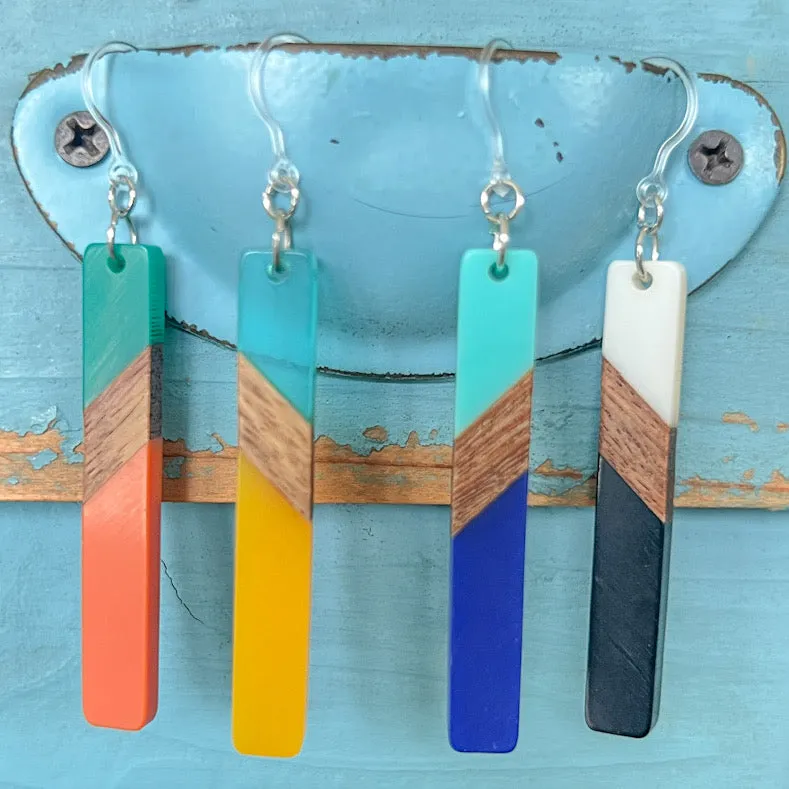 Color Block Wooden Celluloid Bar Dangles Hypoallergenic Earrings for Sensitive Ears Made with Plastic Posts