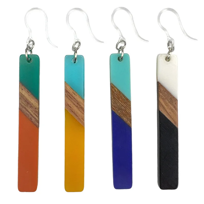 Color Block Wooden Celluloid Bar Dangles Hypoallergenic Earrings for Sensitive Ears Made with Plastic Posts