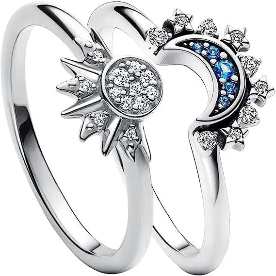 Couple Ring Set Sky Blue Sparkling Moon