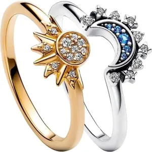 Couple Ring Set Sky Blue Sparkling Moon