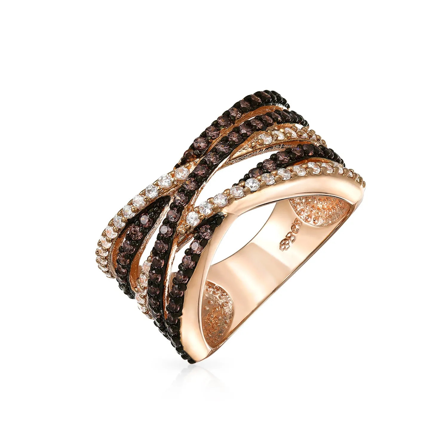 Crossover Cocktail Statement Ring Two Tone Brown Coffee Pave CZ Band Rose Gold