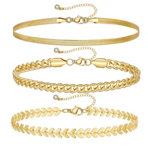 Dainty 14k Gold Plated Layering Anklets Bracelets Set- Fishbone & 6mm Cuban & Snake