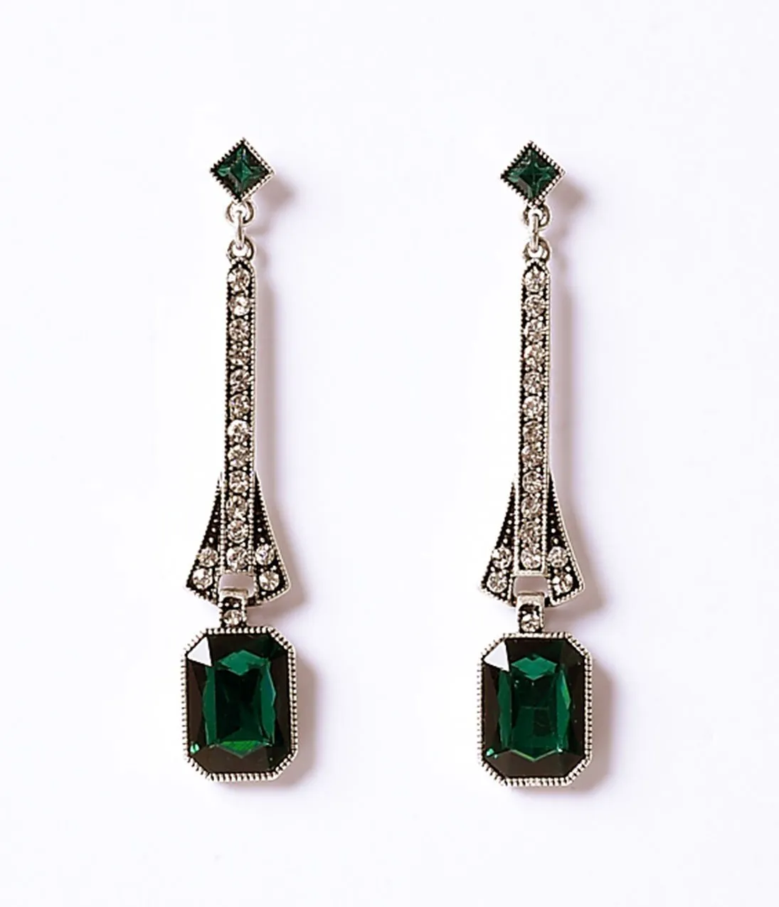 Deco Style Emerald & Silver Crystal Drop Post Earrings