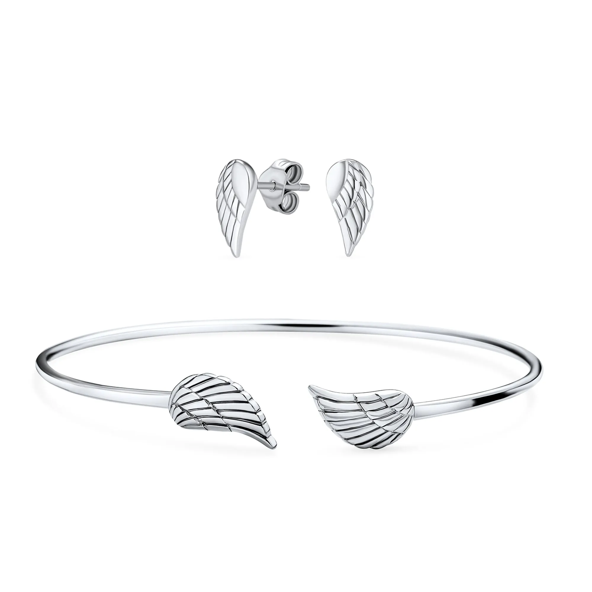 Delicate Angel Wing Feather Cuff Bracelet & Earrings Set in Sterling Silver Jewelry