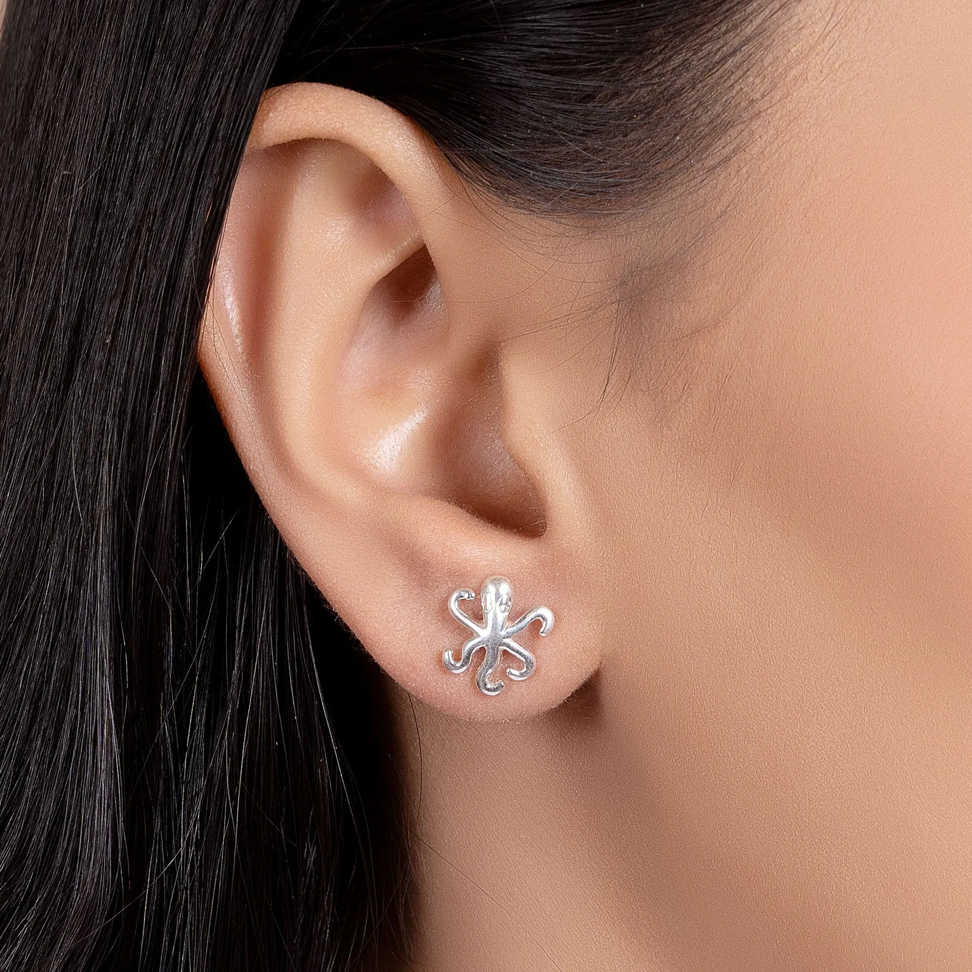 Delicate Nautical Ocean Marine Life Squid Octopus Stud Earrings in Sterling Silver