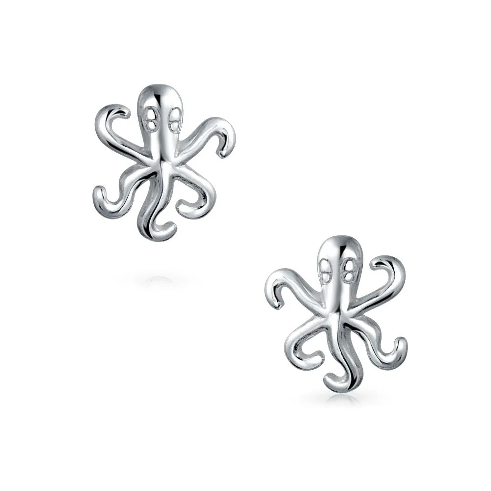 Delicate Nautical Ocean Marine Life Squid Octopus Stud Earrings in Sterling Silver