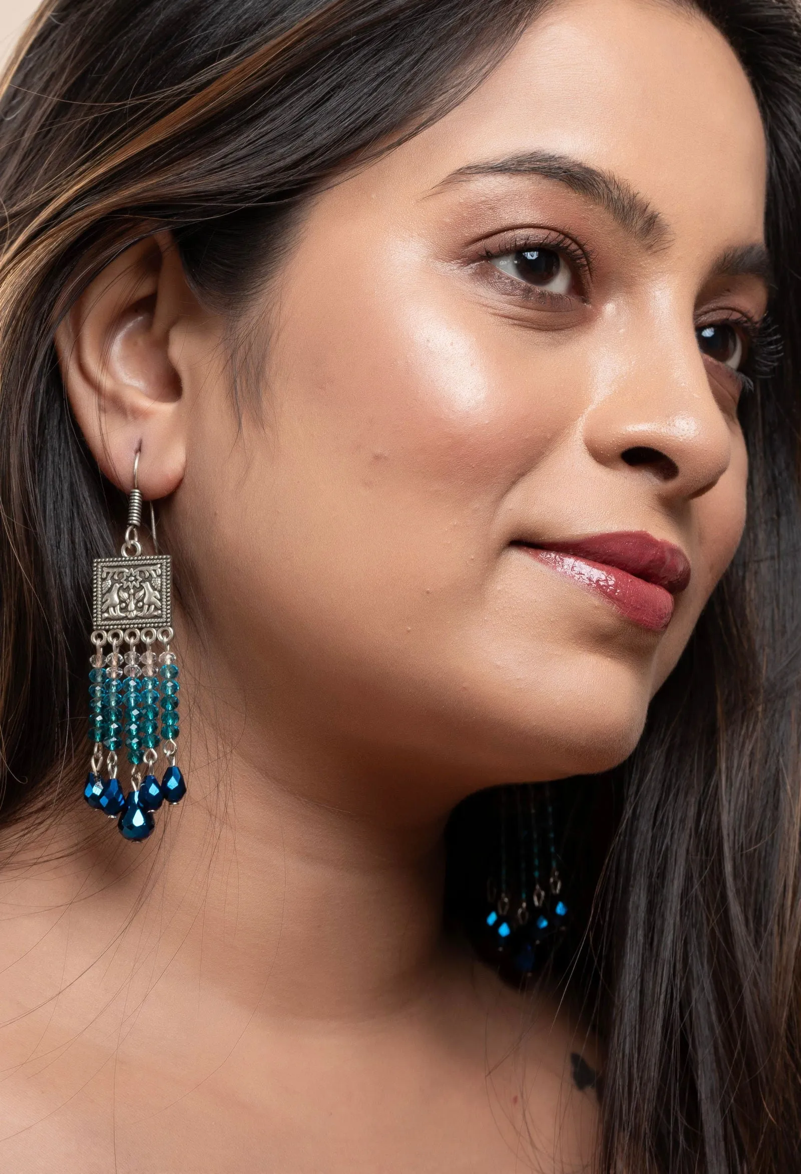 Designer Oxidised Silver Earrings With Blue Drop Crystal Earrings And White Crystals