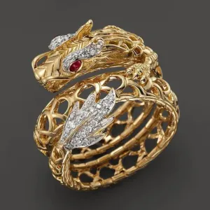 Exquisite Delicate Gold Color Dragon Rings for Women Trendy Metal Inlaid Red White Stone Wedding Engagement Jewelry