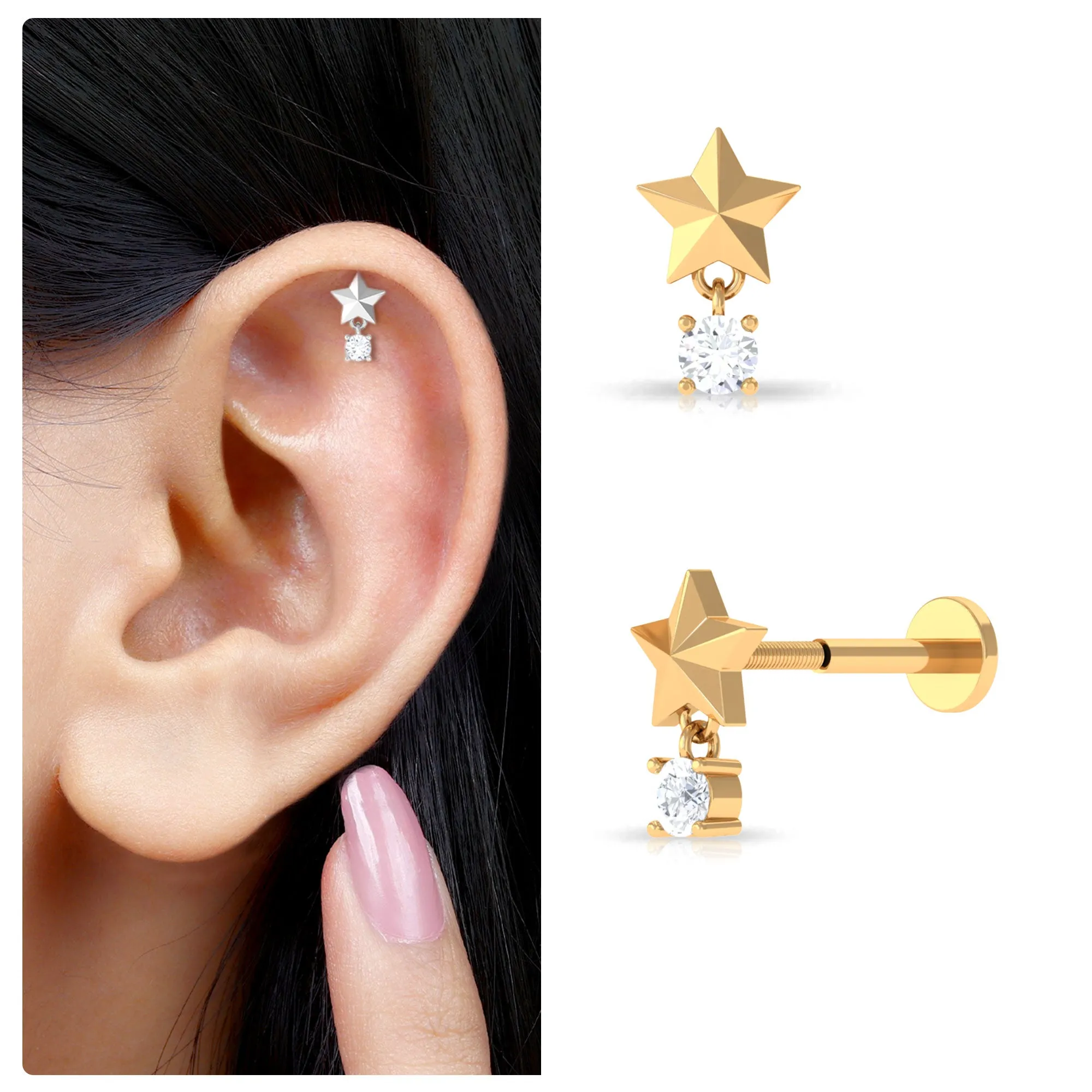 Exquisite Diamond Star Drop Earring for Helix Piercing