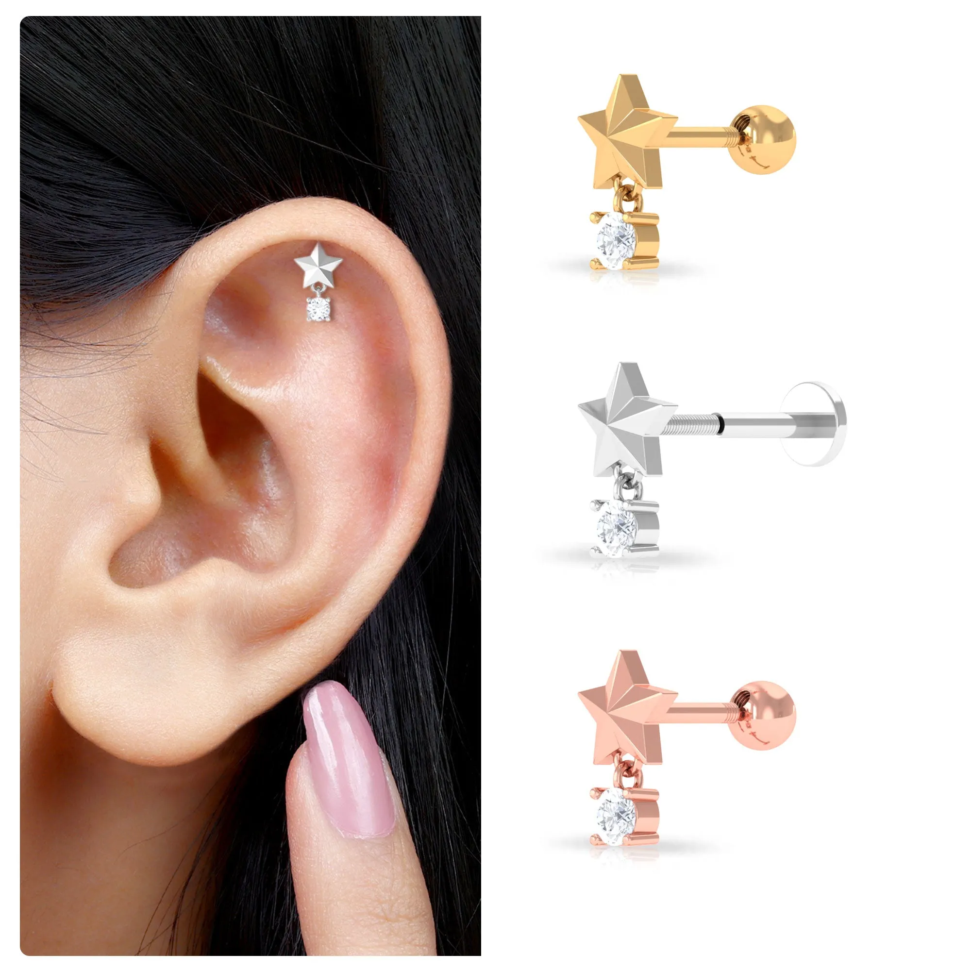 Exquisite Diamond Star Drop Earring for Helix Piercing