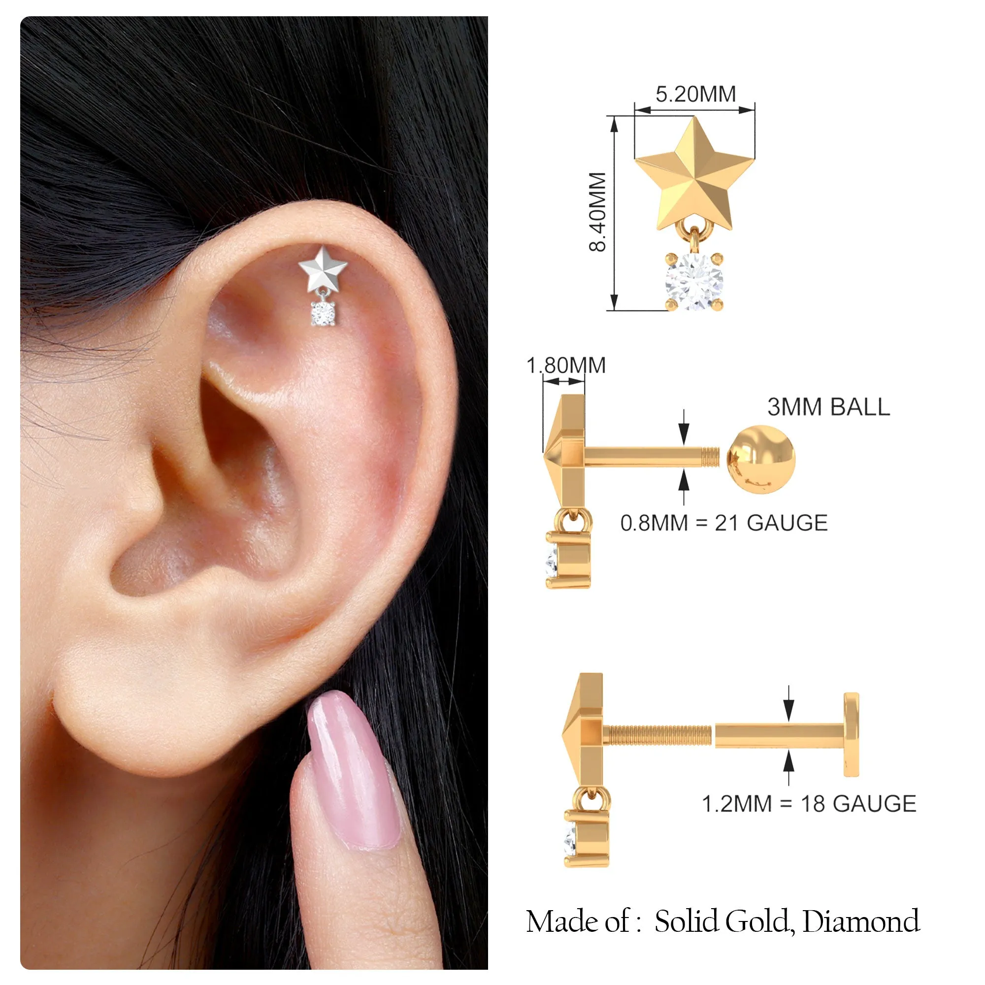 Exquisite Diamond Star Drop Earring for Helix Piercing