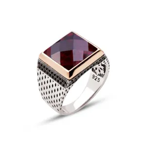 Facet Cut Red Zircon Stone Square Silver Men’s Ring Siding Zircons and Teardrop Pattern