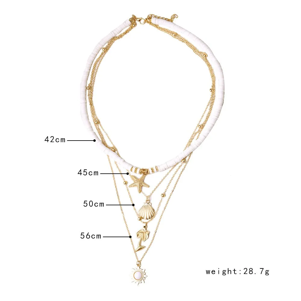 Fashion Bohemia Soft Clay Shell Star Sun Pendant Chain Layered Necklace for Women Girls Summer Beach Simple Layered Necklace