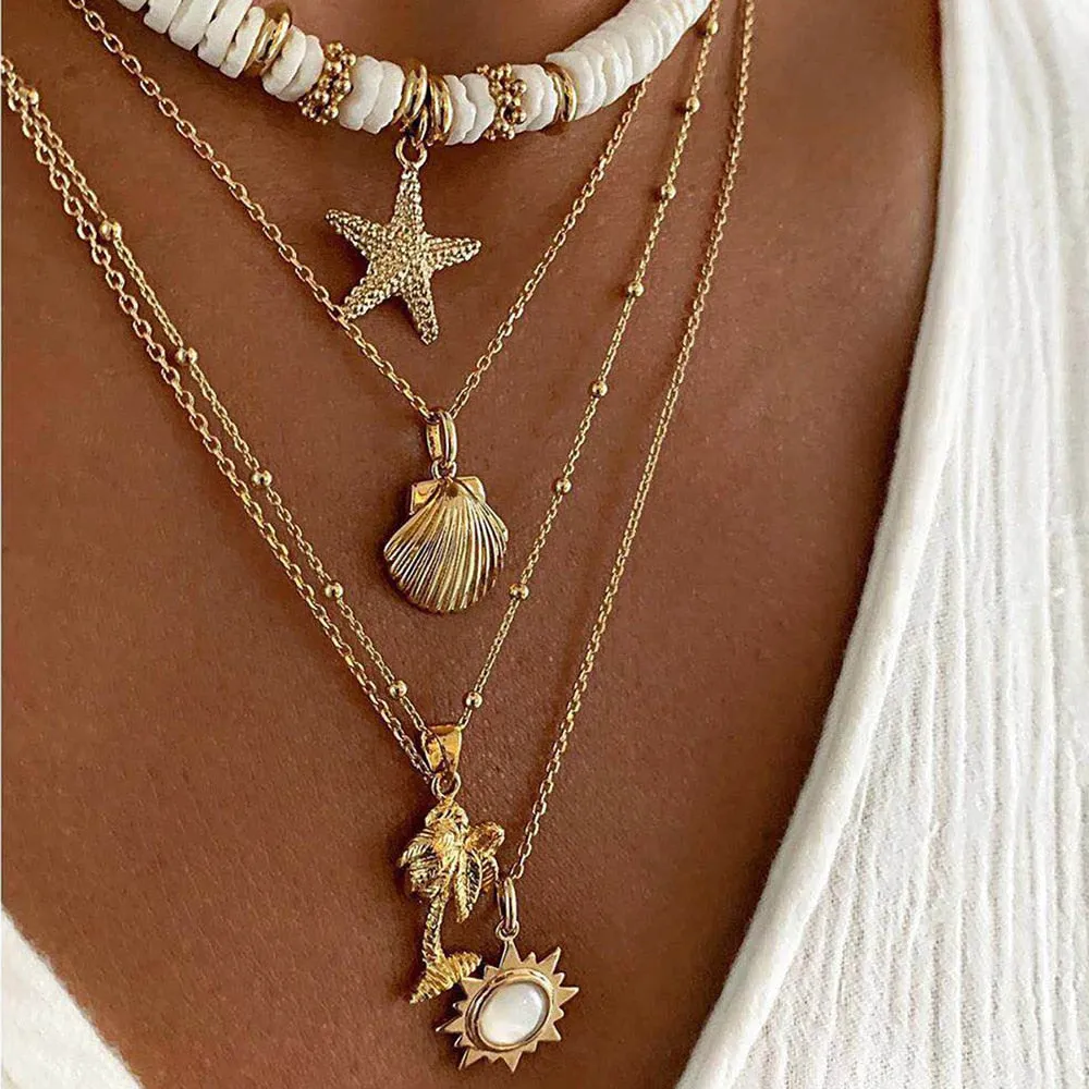 Fashion Bohemia Soft Clay Shell Star Sun Pendant Chain Layered Necklace for Women Girls Summer Beach Simple Layered Necklace