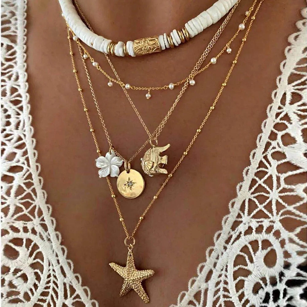 Fashion Bohemia Soft Clay Shell Star Sun Pendant Chain Layered Necklace for Women Girls Summer Beach Simple Layered Necklace