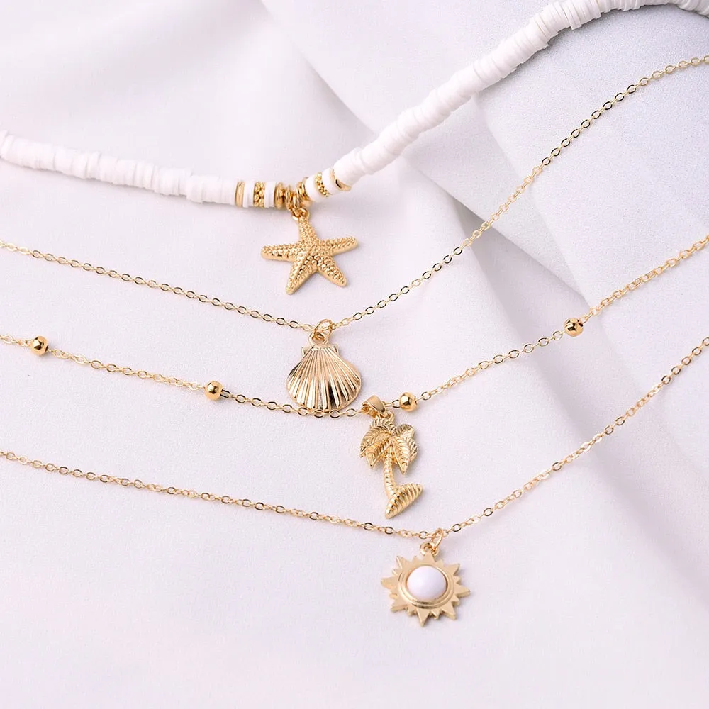 Fashion Bohemia Soft Clay Shell Star Sun Pendant Chain Layered Necklace for Women Girls Summer Beach Simple Layered Necklace